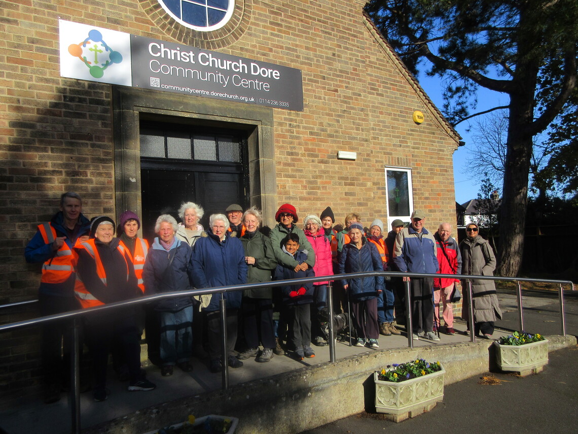 Walkers outside Christchurch Hall, Dore